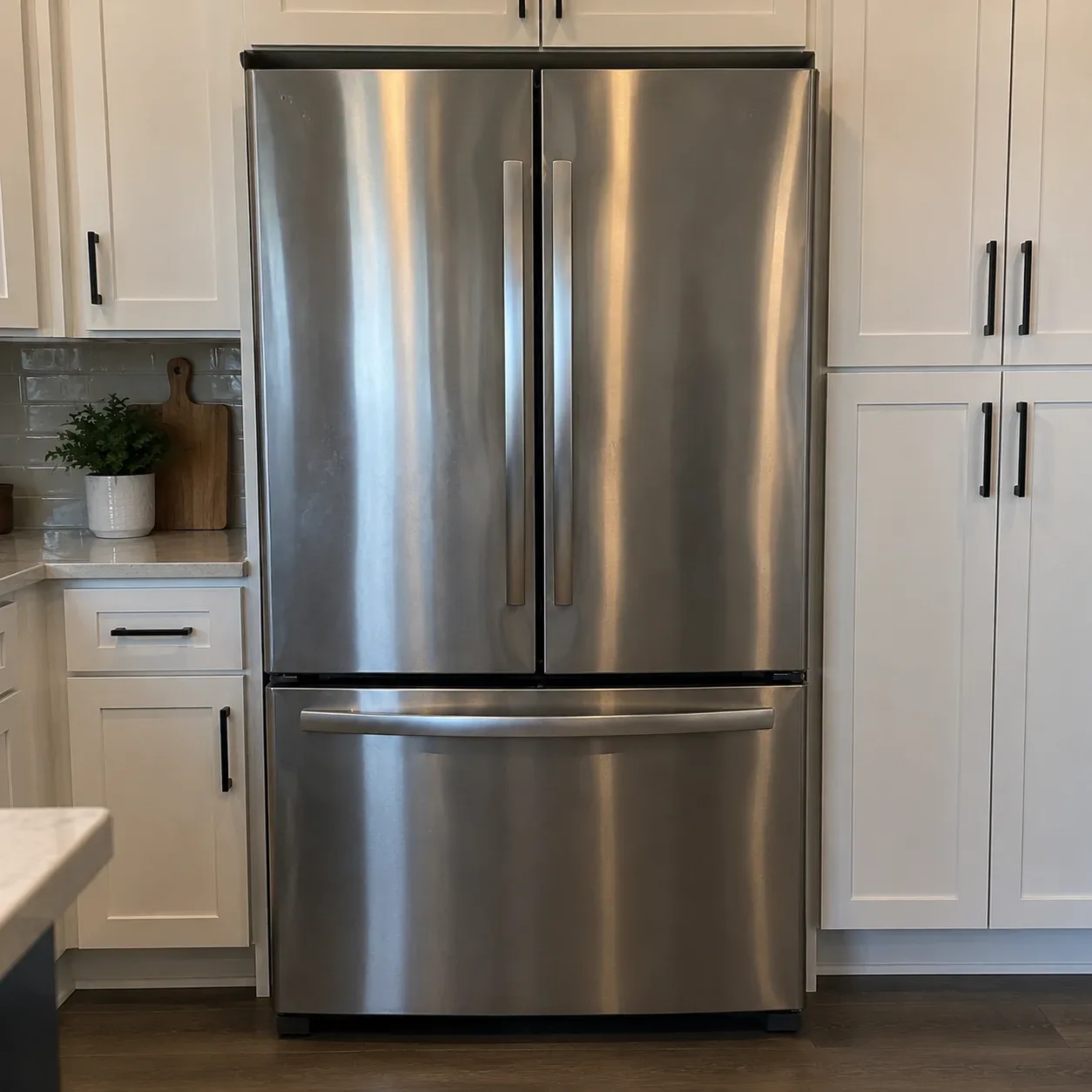 Stainless steel refrigerator in a kitchen